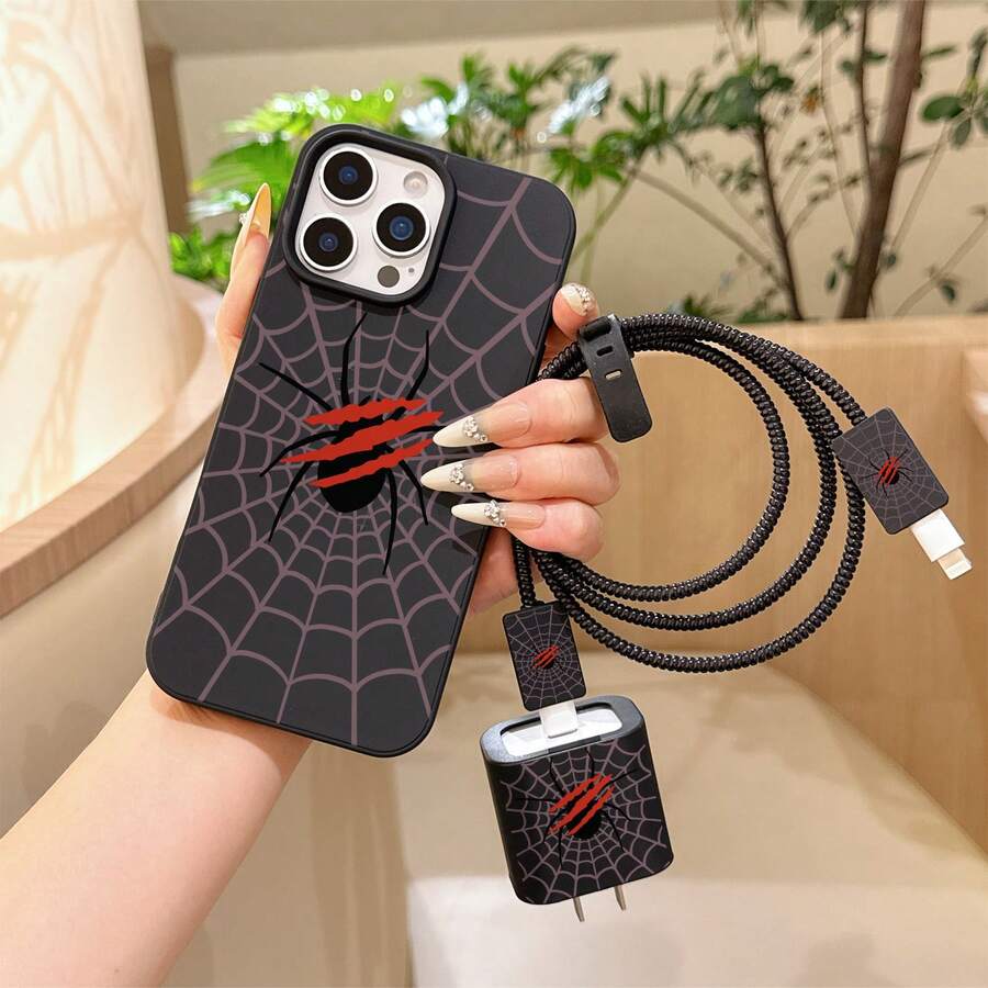 6pcs Casing Ponsel Motif Jaring Laba-laba Hitam Cair + Penutup Kepala Charger + Pelindung Kabel + Tali Penyimpanan + Tali Pelindung Kabel Data TPU Anti-Jatuh, Casing Ponsel Apple, Kompatibel dengan Apple 17 16e 16 15 14 13 12 11 Mini Pro Max Air X XR XSMAX 8 7 Plus, Casing Belakang Matte Anti-Jatuh, Casing Pelindung Smartphone, Casing untuk Penggunaan Sehari-hari, Aksesoris Ponsel Modis, Desain Kreatif, Desain Cetak UV, Casing Pelindung Modis, Pecinta Mode, Pecinta Musik, Sempurna sebagai Hadiah Ulang Tahun - MultiWarna - View 1