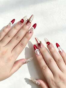 10 Pcs Handmade Press-On Nails Set – Elegant Red & Nude Nail Art | 3D Apple & Bow Detail | Reusable Medium Almond False Nails With Storage Box & Tools | Perfect For Party, Holiday & Daily Wear Gift Set - "Crimson Wish" - 查看 10