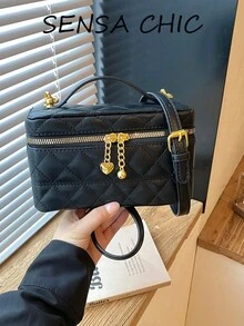 Vintage Elegant Quilted Diamond Pattern Soft Leather Box-Shaped Handbag Crossbody Bag With Exquisite Gold Hardware Double Zipper Storage Mini Versatile Women's Small Bag For Daily Outings - Black - View 5