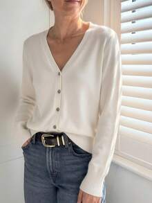 Cardigan de Tricô com Decote em V Feminino, Suéter Básico Casual de Manga Longa Fino para Primavera/Outono, Estilo Fashion Branco Outono - Branco - Visão 1