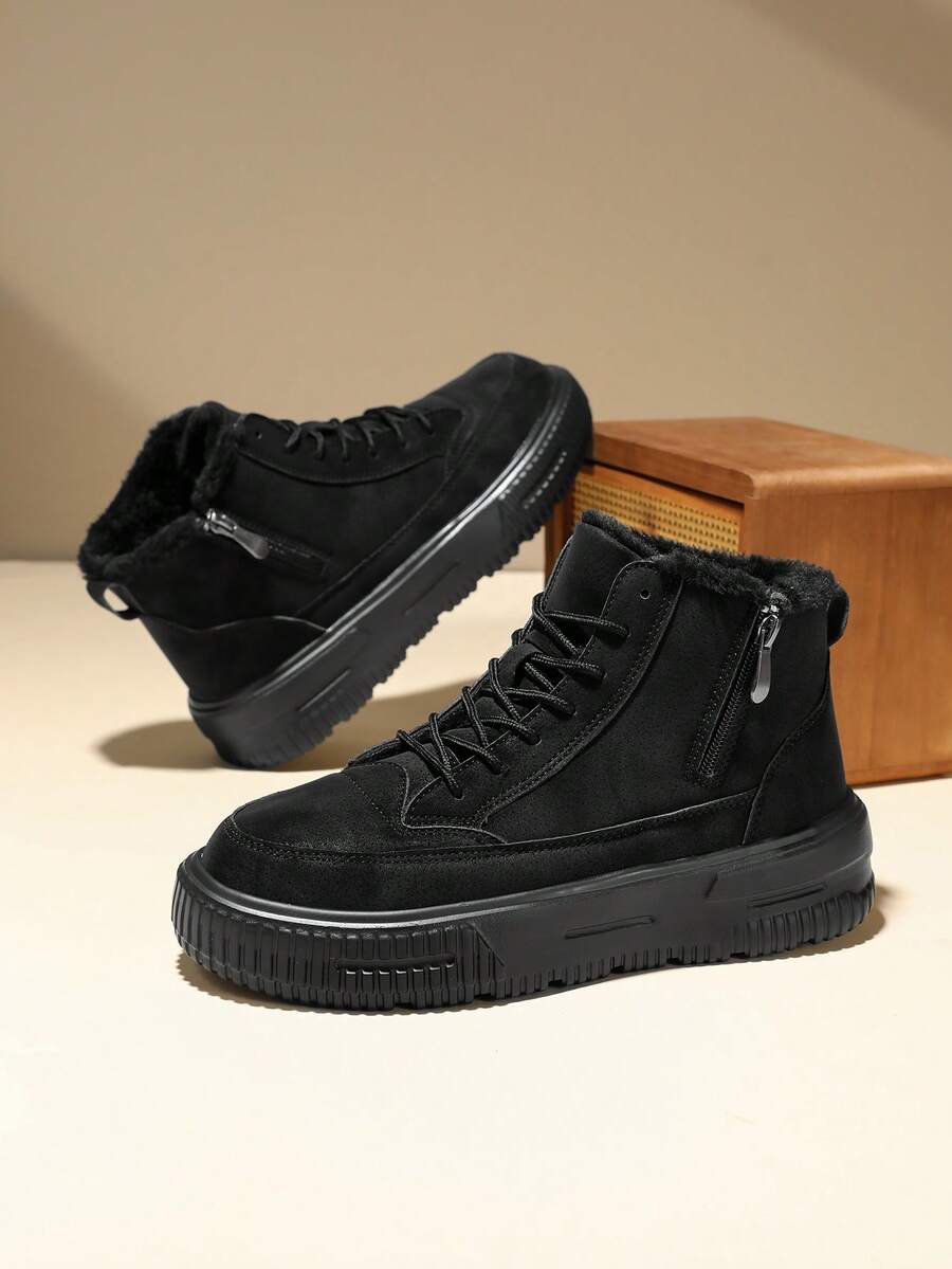 Men's High-Top Fashion Boots, Comfortable And Durable, Lace-Up Closure, Letter Pattern, Suitable For Outdoor Exploration, All-Season Wear - Black - View 1