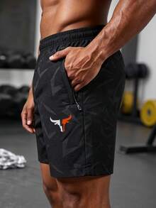 Men's Horn Print Running Fitness Sports Casual Shorts - Black - View 4