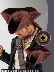 1pc Brown Faux PU Leather Funny Halloween Sailor Pirate Tricorne Hat, Fashion Captain Hat Cosplay Accessory, Suitable For Party, Performance, Costume, Masquerade - Party - View 8