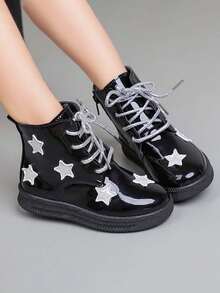 Girls' Shiny Boots With Silver Star Decor, Lace-Up And Side Zipper, Non-Slip Ankle Boots - Black - View 3
