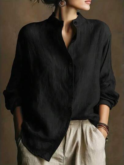 Elegant Casual New Chinese Style Long Sleeve Shirt, Vintage Red Loose Slouchy Fit Top, Suitable For Daily Commute, Date And Vacation Wear