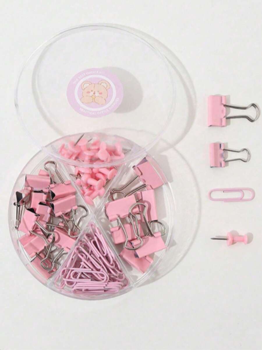 Pink Stationery Binding Set, Includes Paper Clips, Binder Clips And Paper Clips, Suitable For Organizing And Binding Various Documents, Back To School Supplies - Pink - View 1