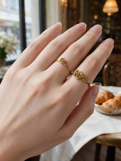 2 Buah Cincin Terbuka Mawar Emas Baja Titanium/Cincin Bunga yang Dapat Diatur dan Ditumpuk/Cincin Bunga Vintage Wanita untuk Hadiah dan Pemakaian Sehari-hari