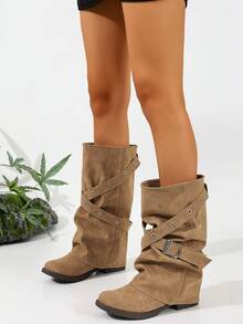 Camel Strap Buckle Detachable Leg Boots Slip-On Chunky Low Heel Round Toe Elegant Versatile Comfortable Vacation Commute Daily Fashion Mid-Calf Boots Women's - Camel - View 3