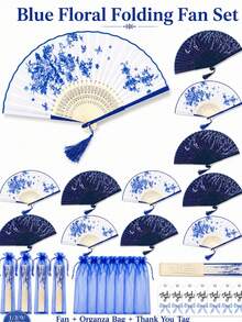 Blue Floral Bamboo Folding Hand Fan Set With Organza Gift Bag, Tassel And Thank You Tag, Wedding Guest Hand Fan, Wedding Guest Favor, Bridal Shower Gift, Bridesmaid Gift, Bride-To-Be Gift, Wedding Party And Autumn Wedding Decor - Blue and White - View 1