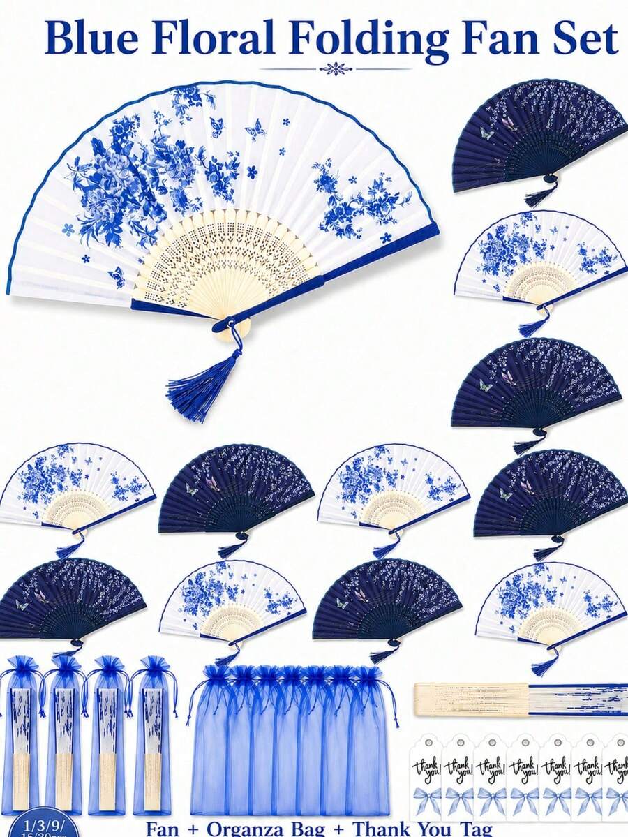 Blue Floral Bamboo Folding Hand Fan Set With Organza Gift Bag, Tassel And Thank You Tag, Wedding Guest Hand Fan, Wedding Guest Favor, Bridal Shower Gift, Bridesmaid Gift, Bride-To-Be Gift, Wedding Party And Autumn Wedding Decor - Blue and White - View 1