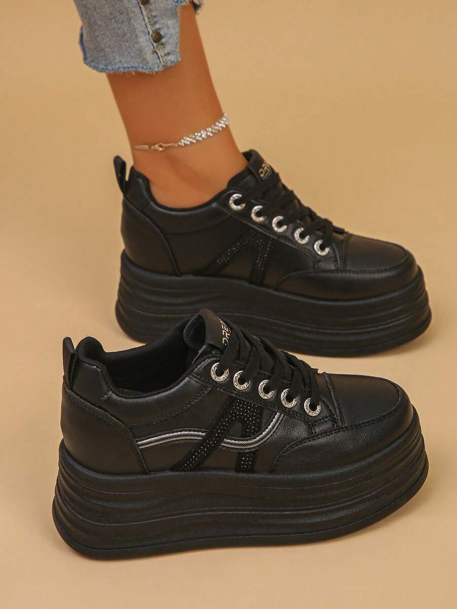 Women's Wedge Platform Sneakers With Letter Glitter, Casual Lace-Up Metal Eyelets, Sporty Style For Home Wear, Spring/Autumn - Black - View 1