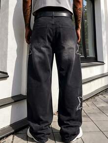 Men's Vintage Washed Black Wide Leg Jeans, Frayed Hem Star Patch Design, Loose Casual Everyday Versatile Denim Wide Leg Pants - Black - View 5