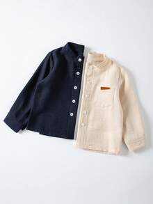 2pcs/Set Boys' Fashionable Comfortable Woven Fabric Small Stand Collar Cardigan Pocket Leather Patch Decor Apricot & Navy Blue Long Sleeve Shirts, Open Front Design, Suitable For Commuting, School, Casual, Vacation, Sports, Spring And Autumn - Multicolor - View 3