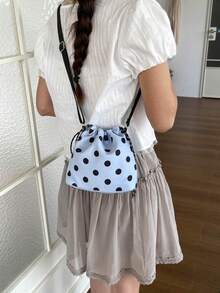1 pieza Bolso cubo de nailon de unicolor con cordón y patrón de lunares, bolso bandolera de moda para mujer - Celeste - Ver 3
