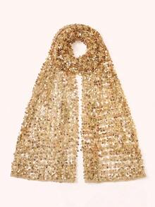 1pc Golden Sparkly Sequin Floral Crochet Hollow Mesh Hijab, Sheer Lace Head Scarf, Muslim Women Glitter Wrap Shawl For Wedding Evening Party - Gold - View 6
