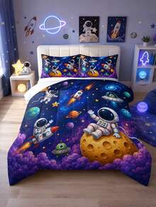 3pcs Space Astronaut Pattern Bedding Set Quilt And Pillowcases 3 Pieces Set - Soft, Comfortable And Breathable Bedding, 200g Quilted Filling, Includes 1 Quilt And 2 Pillowcases (Pillow Inserts Not Included) - Perfect Choice For Home Or Dorm - Multicolor - View 5