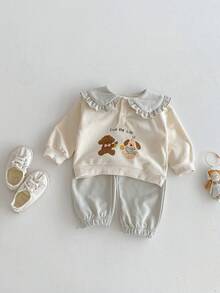 Miniweenns 2pcs/Set Baby Girl Spring/Autumn Outfit Cute Ruffle Collar Cartoon Bear & Puppy Print Sweatshirt + Pink Jogger Pants Comfortable Casual Loose Fit (Runs Large) - Mint Green - View 11