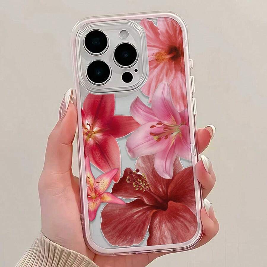 1pc Pink Butterfly Flower Pattern New Personalized Frame 2-In-1 Transparent Full Coverage TPU Anti-Drop Fashion Phone Case Compatible With IPhone 11 12 13 14 15 16 17 Pro Max - Multicolor - View 1