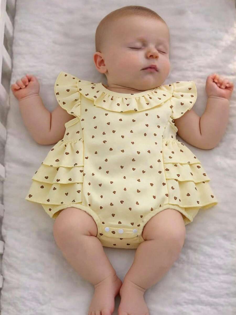 Bodysuit Bayi Motif Hati Warna Kuning Pucat, Desain Lengan Bergelombang dan Berkerut, Cocok untuk Bayi Perempuan Musim Panas - Kuning - View 1