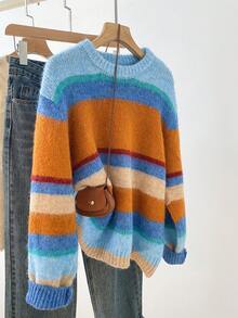 Women's Colorful Striped Fuzzy Knit Sweater, Long Sleeve Crew Neck Loose Fit, Autumn/Winter Casual Pullover, Vintage Sweet Style - Mint Blue - View 2