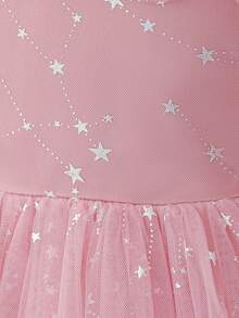 Girls' Dusty Pink Starry Glitter Tulle Long Dress With Off-Shoulder Ruffle, 3D Ruffle Puff Skirt, All-Over Star Print Mesh Princess Gown For Birthday, Dreamy Party, Photography, Piano Competition, Hosting, Performance, Evening Formal Dress - Coral Pink - View 9
