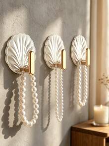 4pcs Elegant Gold-Plated Shell Hooks, Transparent Waterproof - Easy To Install, No Drilling Required, Kitchen And Bathroom Door, Bathroom Hooks, High Load-Bearing Practical Hooks - White - View 2