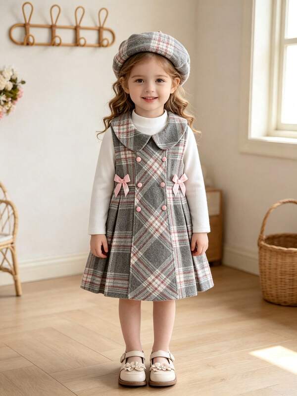 Girls' Autumn/Winter British Academy Style 3-Piece Set, Grey & Pink Vintage Plaid Double-Faced Wool Doll Collar Tank Dress, Double-Breasted Pink Round Buttons With Double-Sided Velvet Satin Bow Decor A-Line Flared Wool Skirt, Paired With Soft White Semi-High Neck Base Layer + Matching Plaid Beret