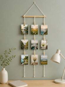 1PC Bohemian Style Photo Collage Wall Hanging With Clips, Three-Row Rope Photo Holder, Suitable For Bedroom, Living Room, Dormitory Wall Decoration. Can Be Used To Display Family Photos, Travel Souvenirs, Postcards And DIY Decorations. - Multicolor - View 3