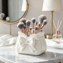 Bowknot Makeup Brush Holder, Desktop Pen Holder Storage Box, 3D Printed Makeup Display Rack, Vanity Makeup Tool Storage Box, Bathroom Skincare Organizer, Ins Style Desktop Decor, Multi-Functional Desktop Storage Basket, Girly Makeup Storage Container, Hair Accessory Storage Box, Home Decor, Bathroom Accessories - White - View 7