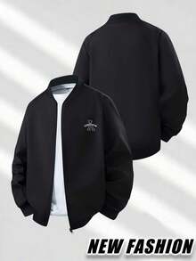 Men's Solid Black Baseball Collar Bomber Jacket, Small Letter Logo Embroidery Zip Up Long Sleeve Loose Casual Daily Outerwear Coat - Black - View 3