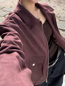 Women's Autumn Jacket, Vintage Suede Material, Vacation & Commute, Loose Collegiate Style, Casual Short Motorcycle Jacket - Burgundy - View 9