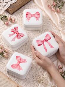 Bow Print Jewelry Organizer Display Travel Jewelry Zipper Case Boxes Earrings Necklace Ring Portable Jewelry Box Leather Storage - White - View 8