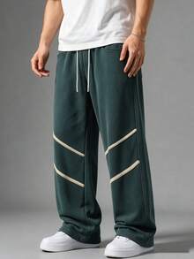 NcmRyu Men's Straight Leg Sports Pants, Contrast Stripe Detail, Drawstring Elastic Waist, Casual Sports Training Jogging Pants - Green - View 1
