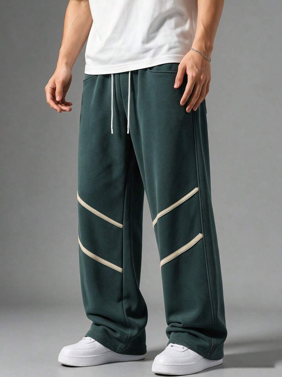 NcmRyu Men's Straight Leg Sports Pants, Contrast Stripe Detail, Drawstring Elastic Waist, Casual Sports Training Jogging Pants - Green - View 1