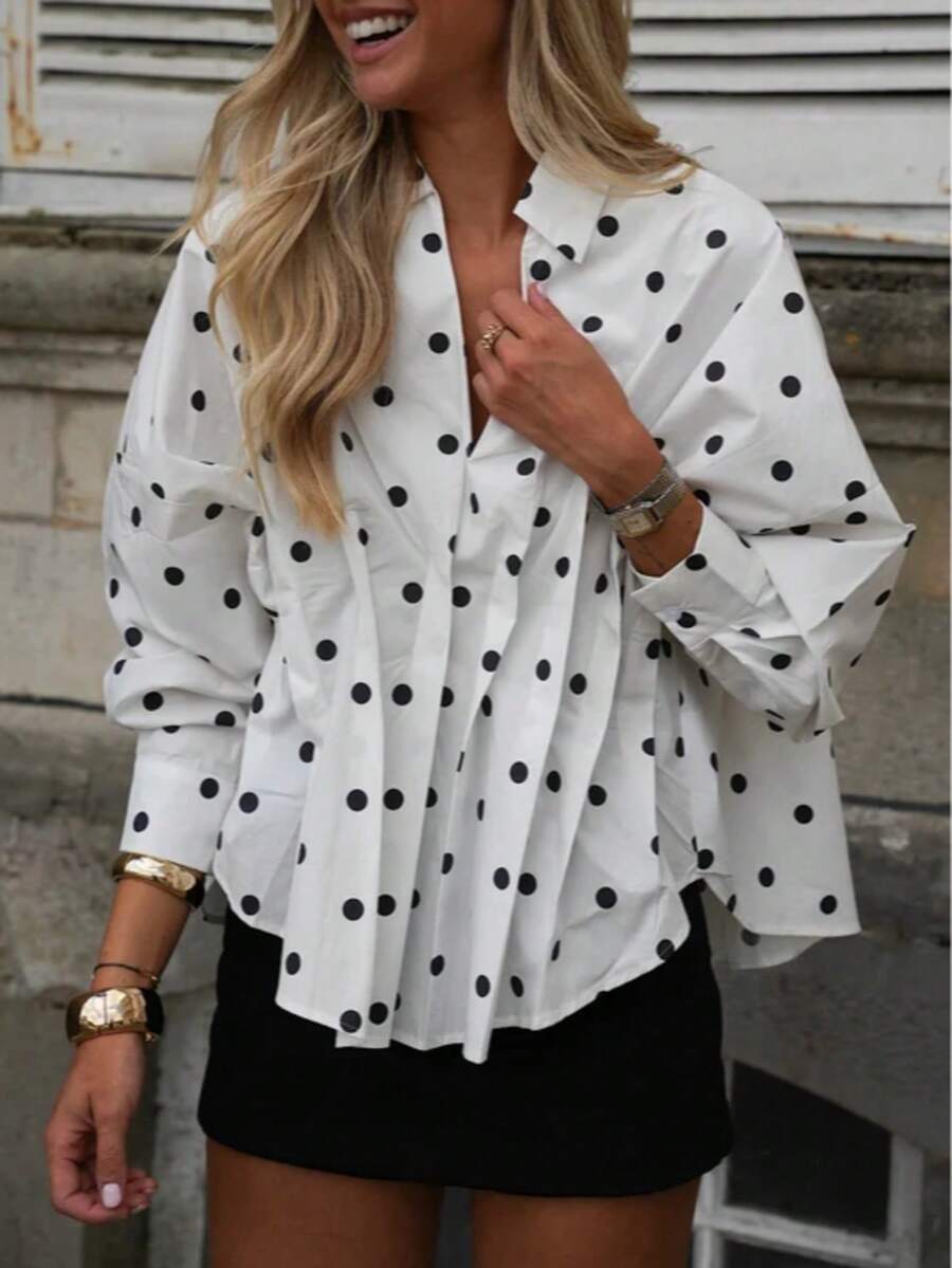 Women's V-Neck Fashion White Polka Dot Contrast Color Long Sleeve Collared Shirt, Suitable For Autumn Daily Wear - White - View 1