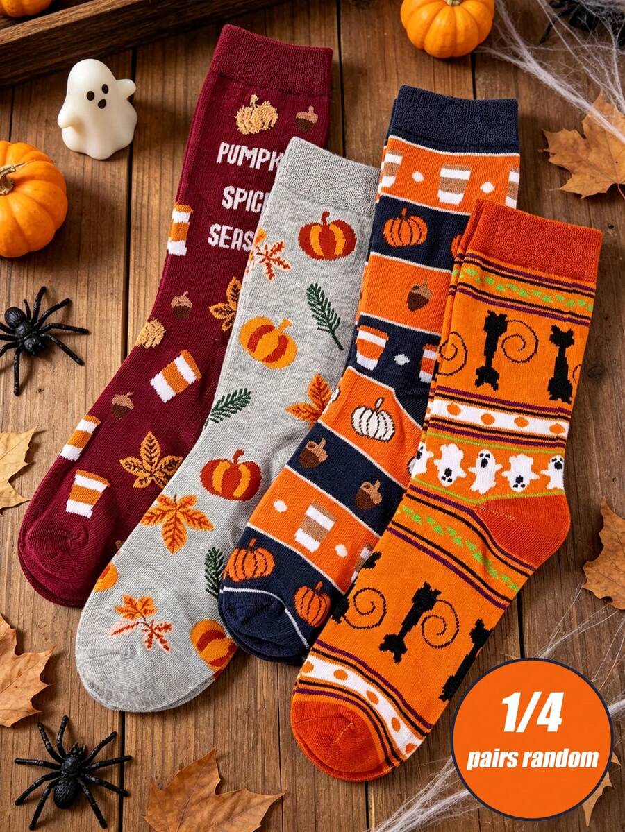 1/4 Pairs Random Women's Fun Halloween Socks With Pumpkin Head, Ghost, Witch Prints, Suitable For Party And Holiday Wear - Multicolor - View 1