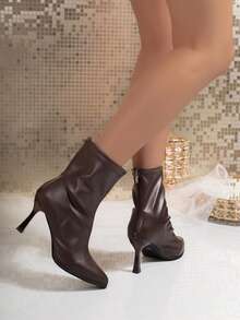 Women's Vintage-Style Color-Block Ankle Boots Featuring A Glossy Finish, Pointed Toe, Kitten Heel, And Back Zipper-A Stylish And Versatile Choice. - Brown - View 3