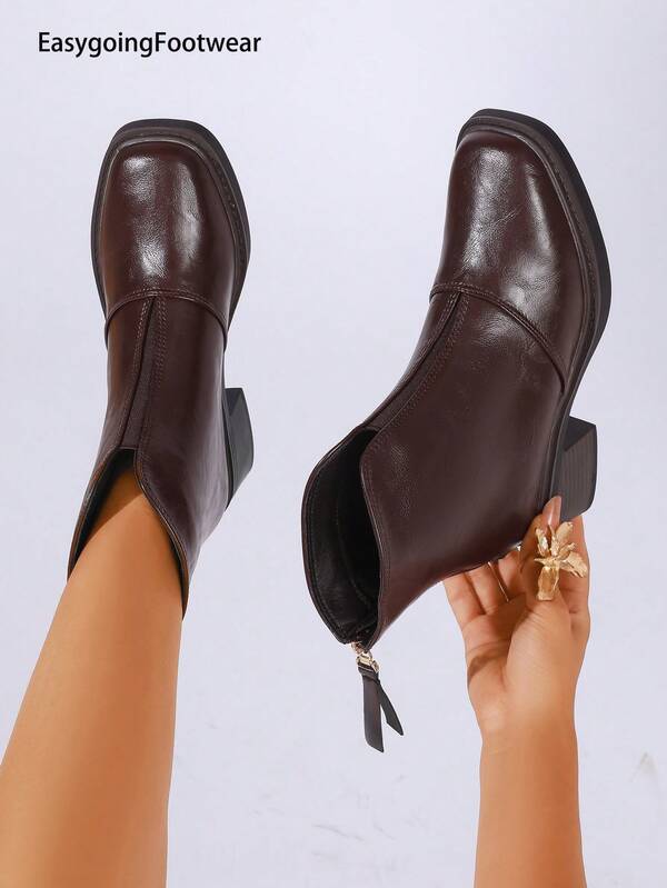 Women's Autumn/Winter Brown Back Zipper Square Toe Chunky Heel Versatile Commute Ankle Boots