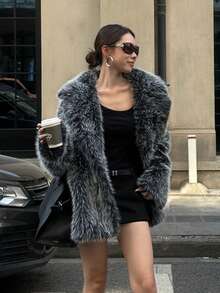 New Popular Autumn/Winter Women's Luxury Oversized Super Loose Faux Fur Coat With Lapel, Extra Long Sleeves Warm Winter Jacket, Essential Glamorous Winter Piece - White-tipped - View 1