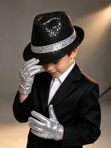 2pcs Halloween Pop Style Costume Set, Includes Black Hat And Sequin C-Pop Rock Star, Pop Singer - Multicolor - View 4