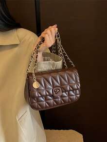 Fashion Classic Joker Solid Color Diamond Lattice Splicing Design Chain Square Bag Twist Lock Opening Closing Design Burgundy Bag - Coffee - View 7
