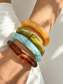 Random 16/12/8/5/4pcs Vintage Fashion Elegant Bohemian Style Daily Geometric Asymmetrical Brown Green Black Red Colorful Resin Acrylic Marbled Exaggerated Wide Wave Rivet Elastic Bangle Stackable Gold-Tone Plain Carved Hammered Texture Bracelet Set Y2K Minimalist Personalized Premium Jewelry For Women Daily Beach Casual Vacation Party Wear - Multicolor - View 4