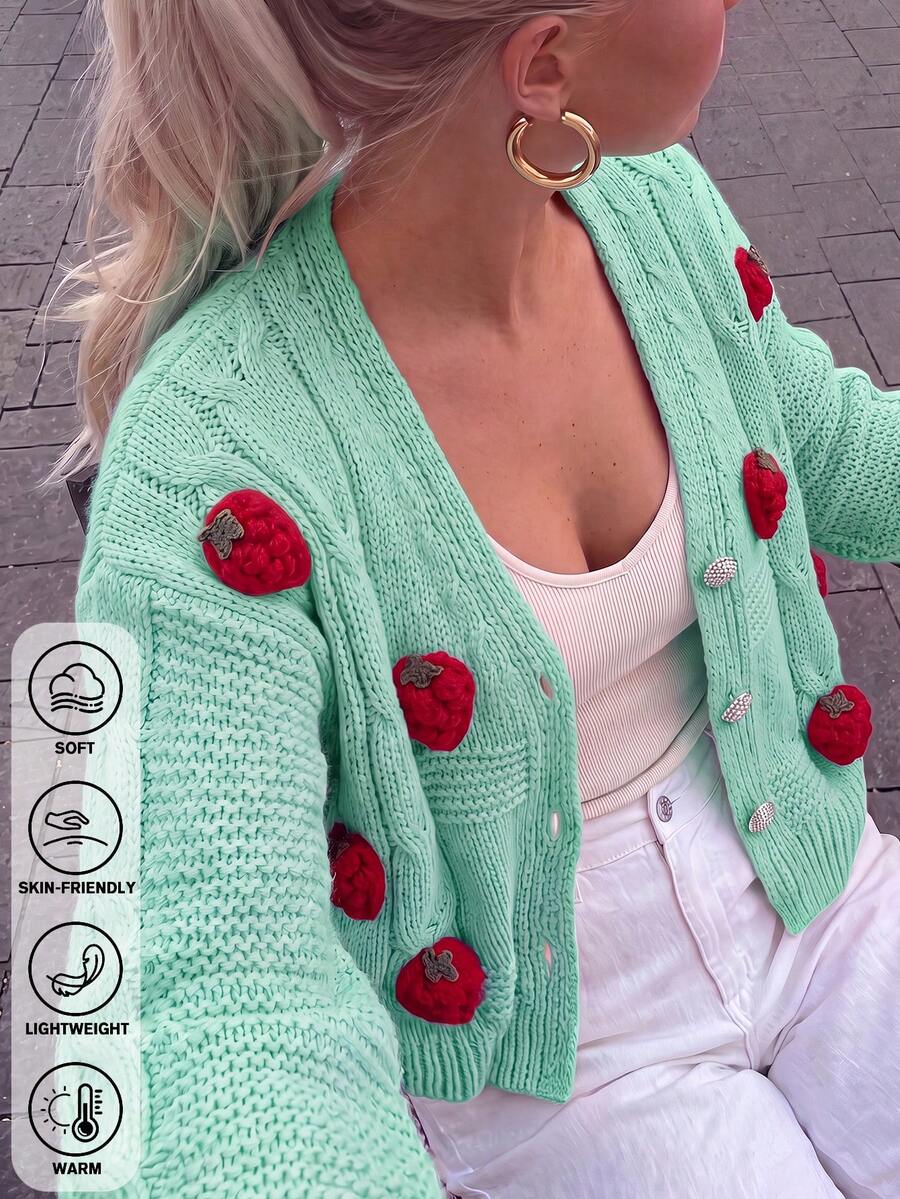 Cute Preppy Cable Knit Cardigan, Strawberry Patchwork V-Neck Shiny Buttons Loose Fit, Suitable For Thanksgiving Campus Outfit - Blue - View 1