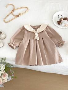 Miniweenns 1 st långärmad vintage prinsessklänning för babyflicka i preppy stil med volang och rosett, vår/höst, back to school - Kaki - Visa 5