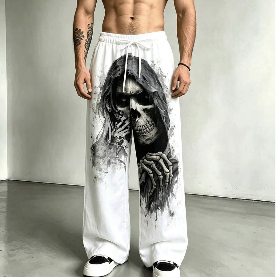 Fashion Dark Splatter Skull Grim Reaper Skull Handprint White Elastic Waist Casual Daily Street Pants - White - View 1