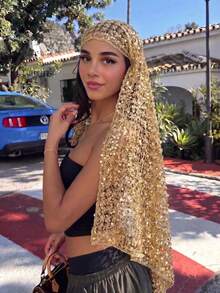 1pc Golden Sparkly Sequin Floral Crochet Hollow Mesh Hijab, Sheer Lace Head Scarf, Muslim Women Glitter Wrap Shawl For Wedding Evening Party - Gold - View 3