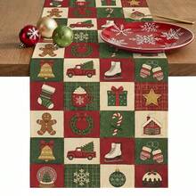 Merry Christmas Winter Xmas Tree Ball Bells Checkered Table Runner Holiday Party Decor Reusable Xmas Kitchen Dining Table Runner Christmas Decorations - Multicolor - View 1