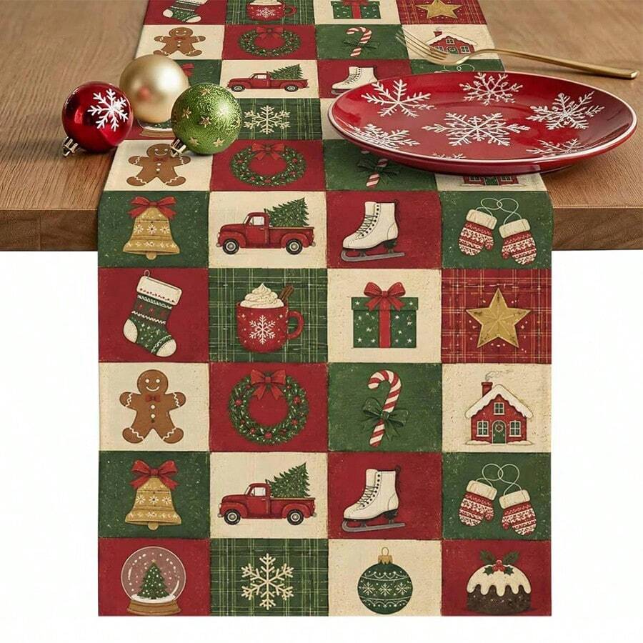 Merry Christmas Winter Xmas Tree Ball Bells Checkered Table Runner Holiday Party Decor Reusable Xmas Kitchen Dining Table Runner Christmas Decorations - Multicolor - View 1