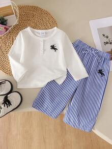 2pcs Setelan Bayi Perempuan Kasual Minimalis Atasan Lengan Panjang & Celana Panjang Garis Vertikal, Ringan untuk Musim Semi dan Gugur - Blue and White - View 2