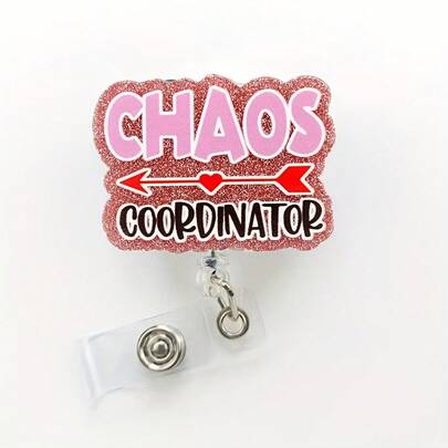 1pc Pink "Chaos Coordinator" Acrylic Telescopic Badge Scroll With Heart And Arrow Design - Perfect For Teachers, Doctors, And Nurses; White Lanyard For An Office Gift.